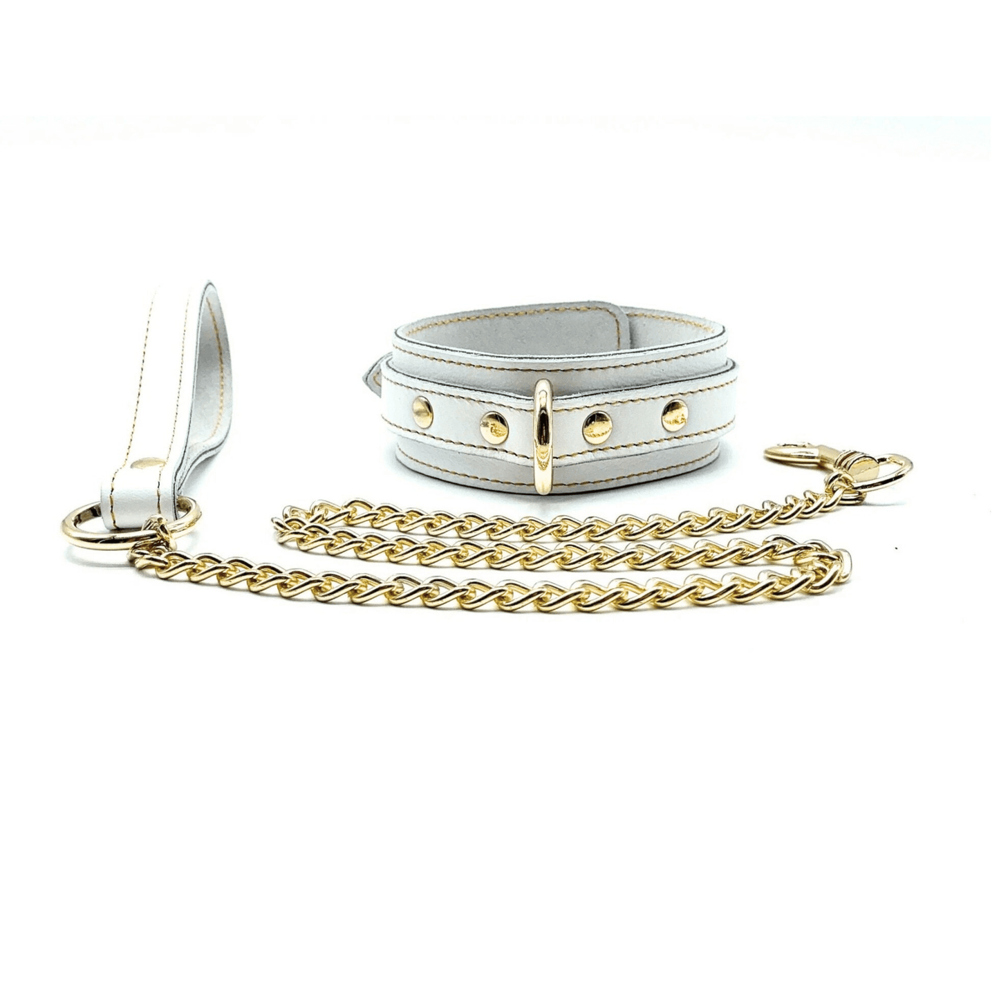 Elegant White leather collar and detachable gold chain leash from Vienna collection on white background.
