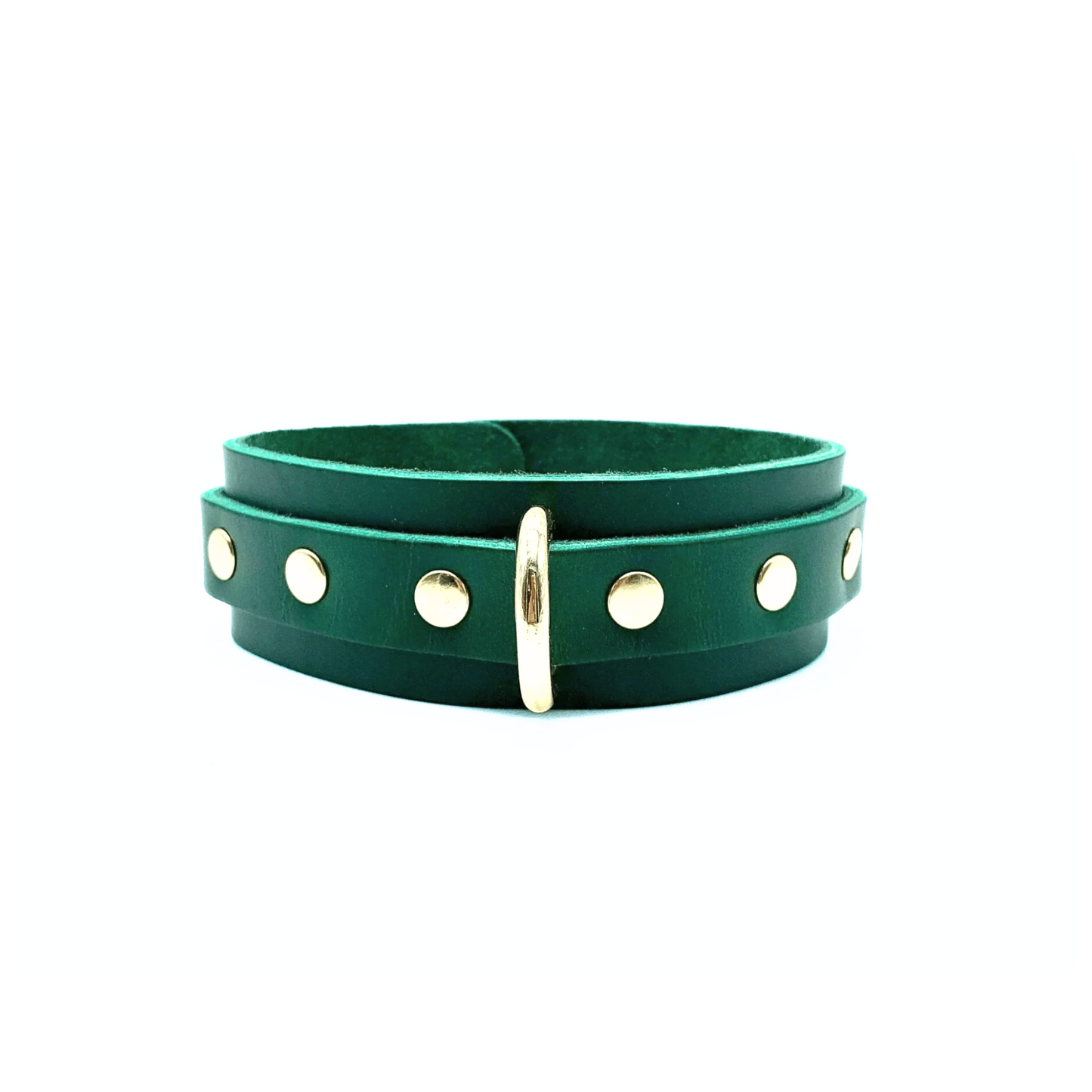 Green leather collar 1.5 inch wide, with gold center D ring to attach leash or charms.