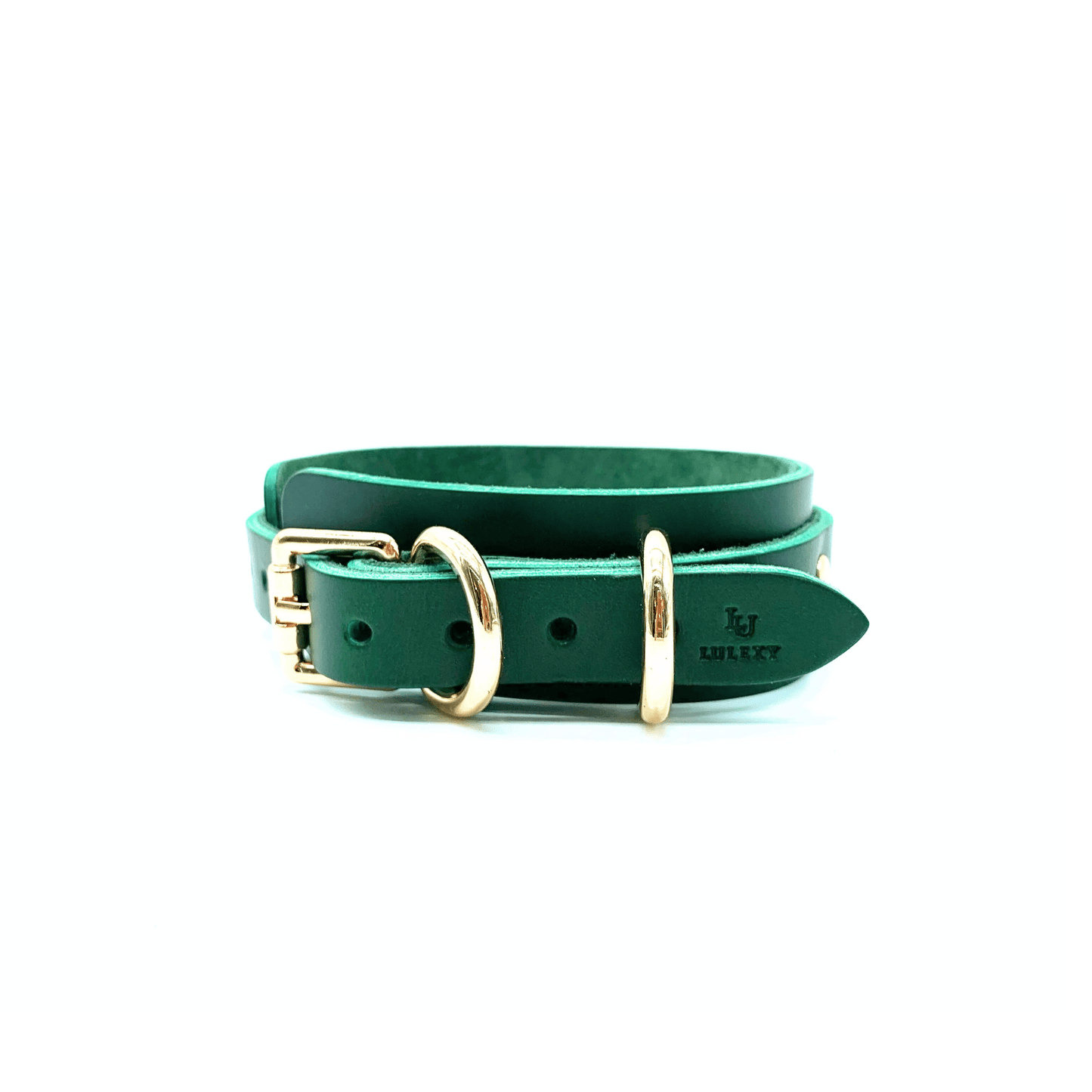 back view of green Mona collar showcasing elegant gold buckle, D rings, multiple adjustment holes and embossed lulexy logo. 