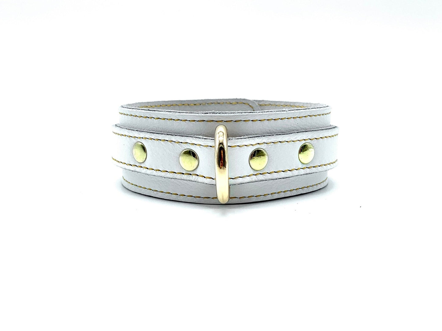 Soft white Italian leather collar with gold stitching, center gold D-ring and rivets on each side