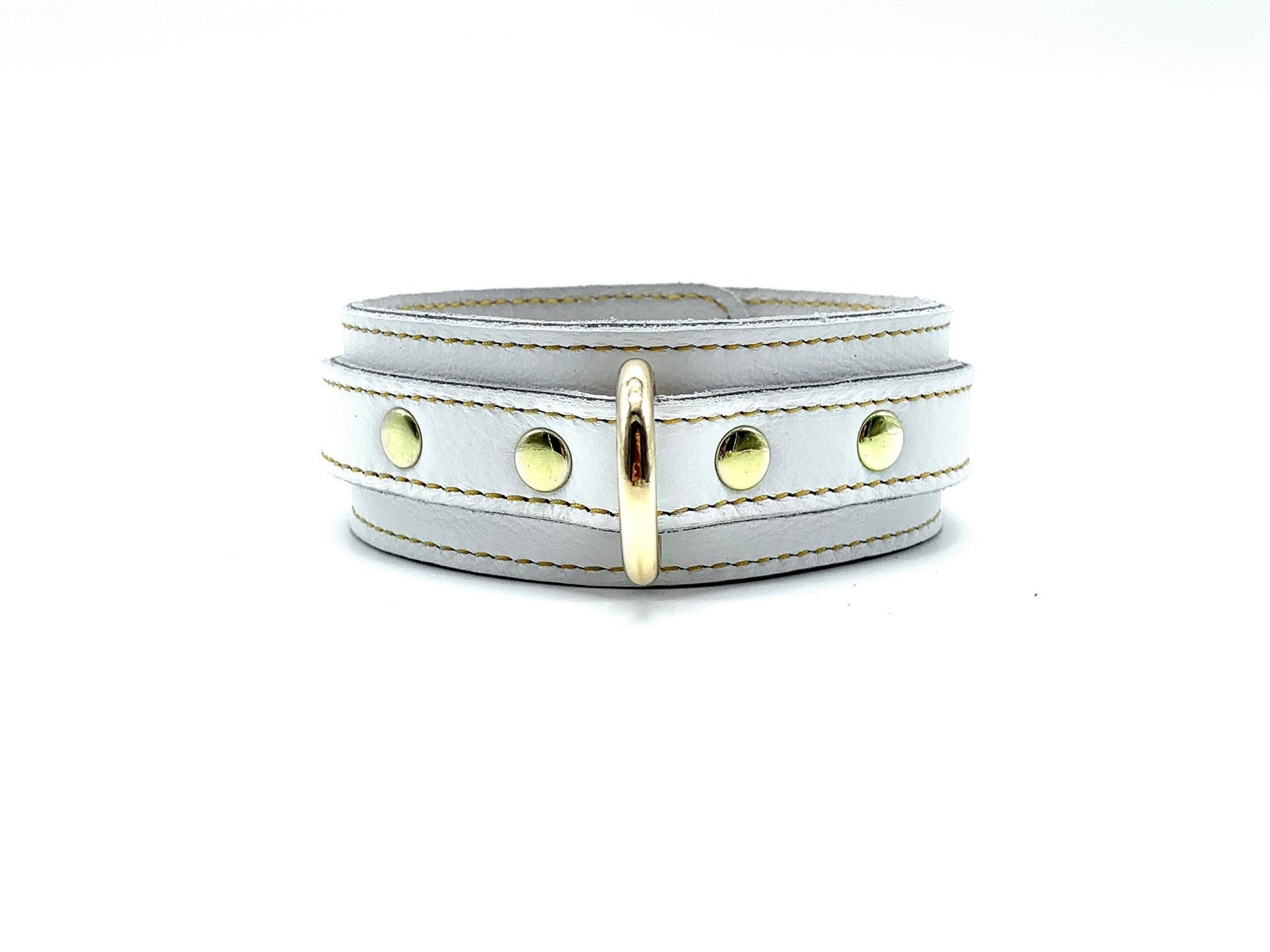 Soft white Italian leather collar with gold stitching, center gold D-ring and rivets on each side