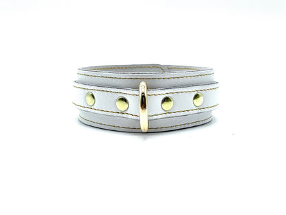 Soft white Italian leather collar with gold stitching, center gold D-ring and rivets on each side