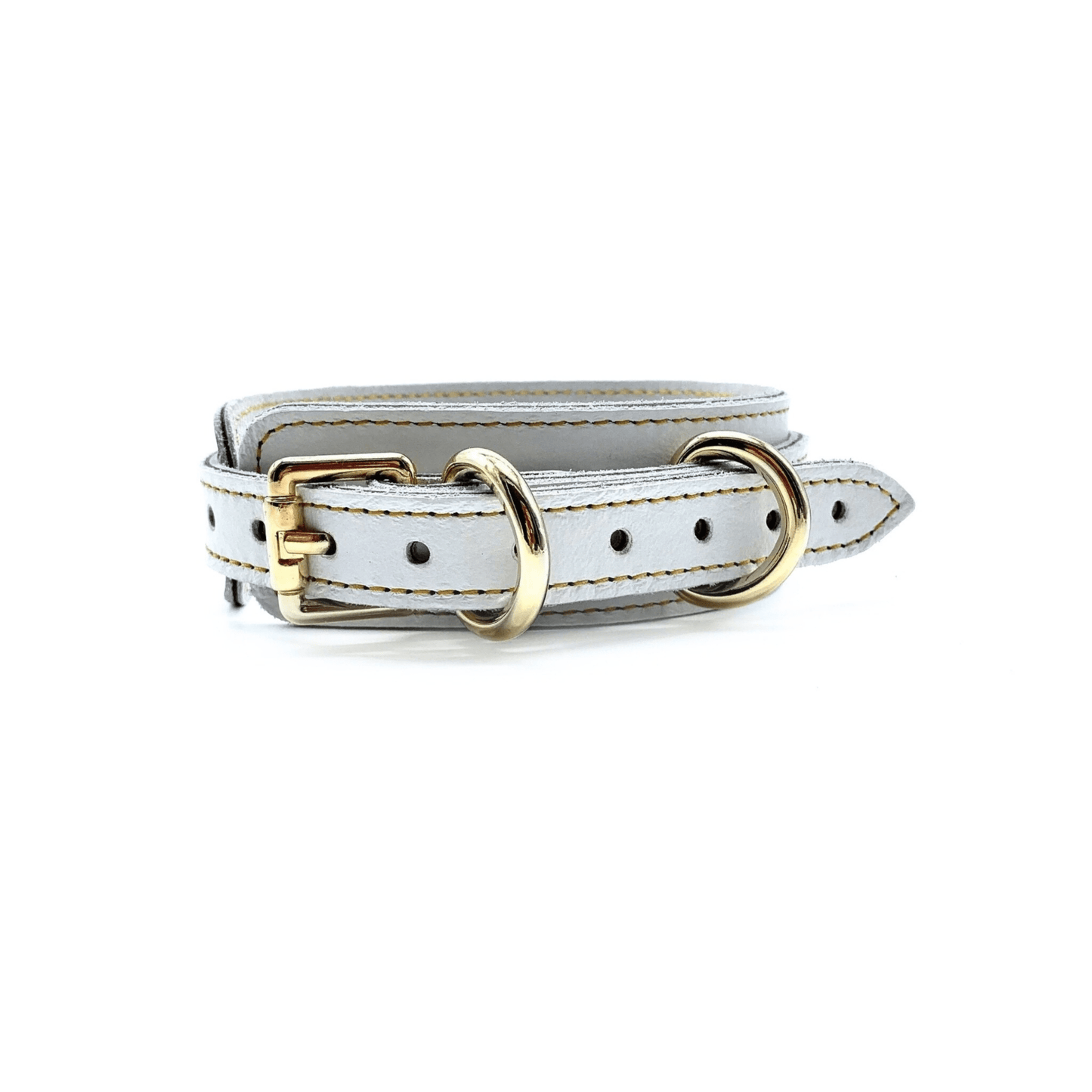 Back view of white leather collar, showcasing elegant gold buckle, multiple adjustment holes and detailed stitching.