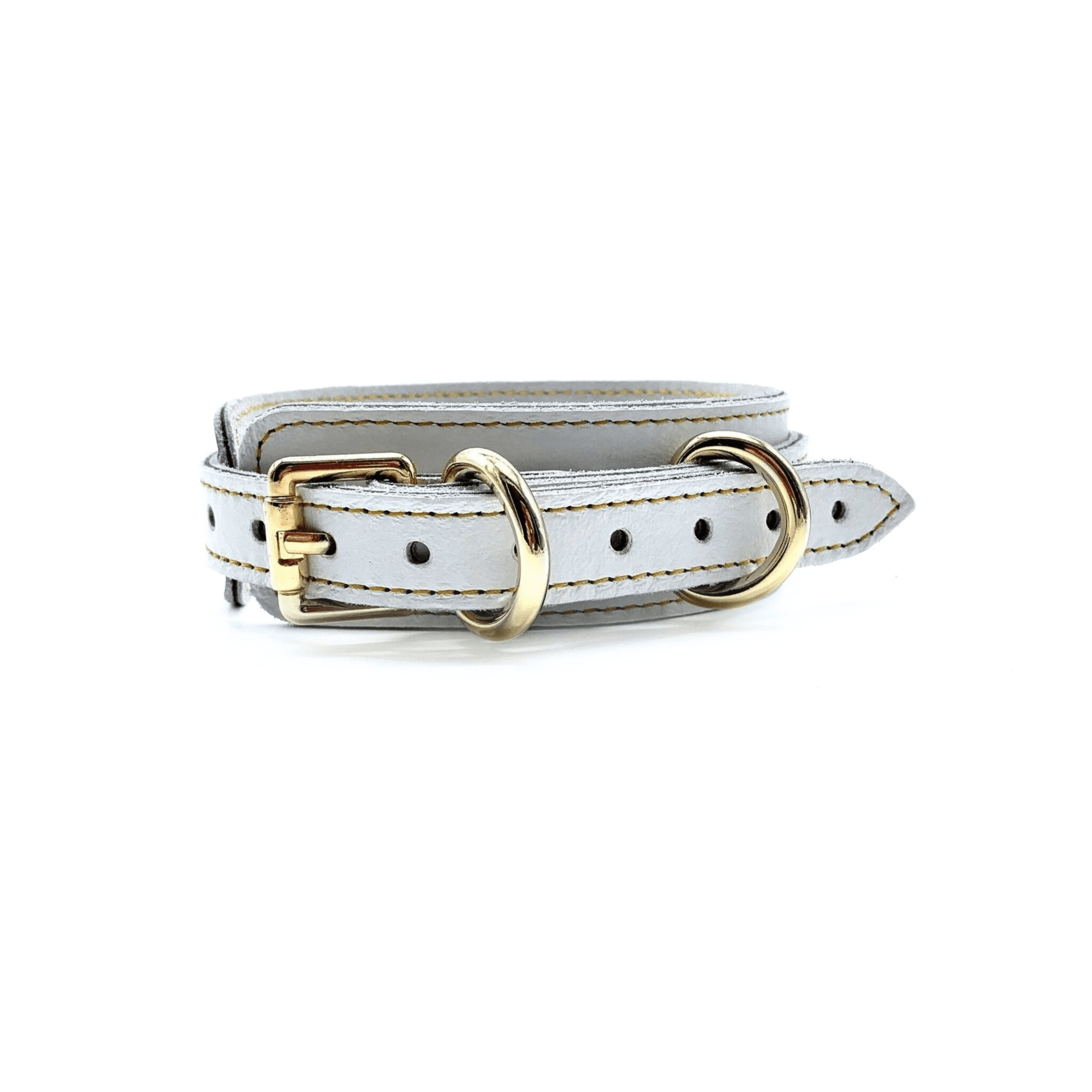 Back view of white leather collar, showcasing elegant gold buckle, multiple adjustment holes and detailed stitching.