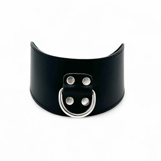 Black leather posture collar with detailed stitching and large silver D ring in the center held in place by 4 silver rivets.