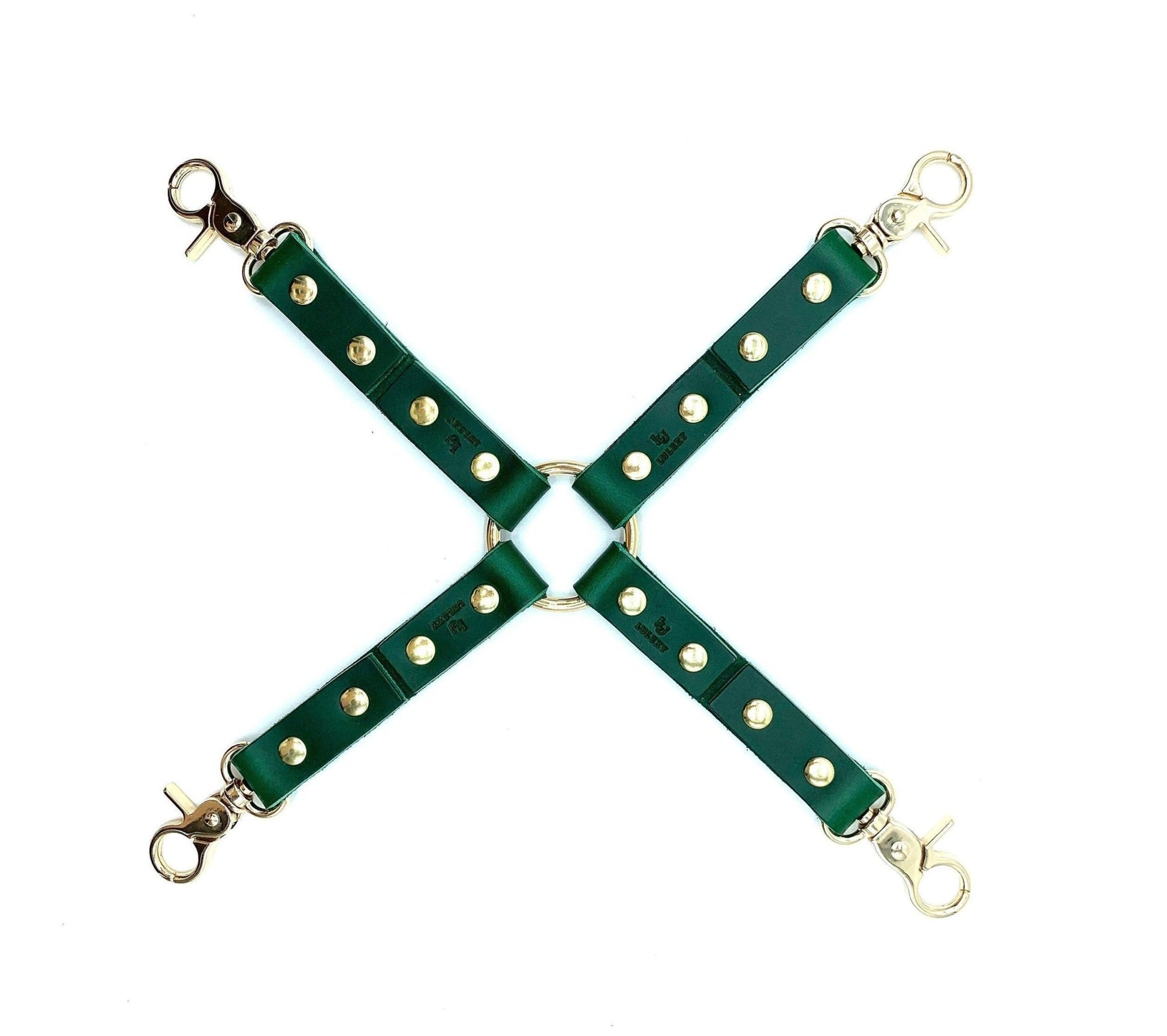 BDSM 4-Way Hog-Tie "Mona", Green Leather Cross Connector for Bondage Restraints - Lulexy