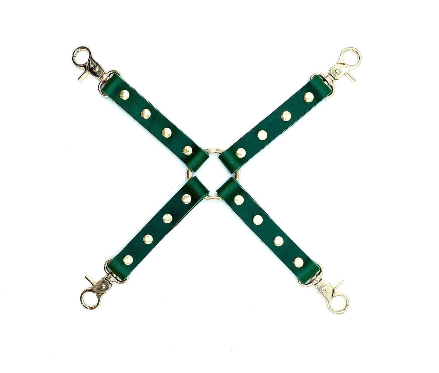 BDSM 4-Way Hog-Tie "Mona", Green Leather Cross Connector for Bondage Restraints - Lulexy