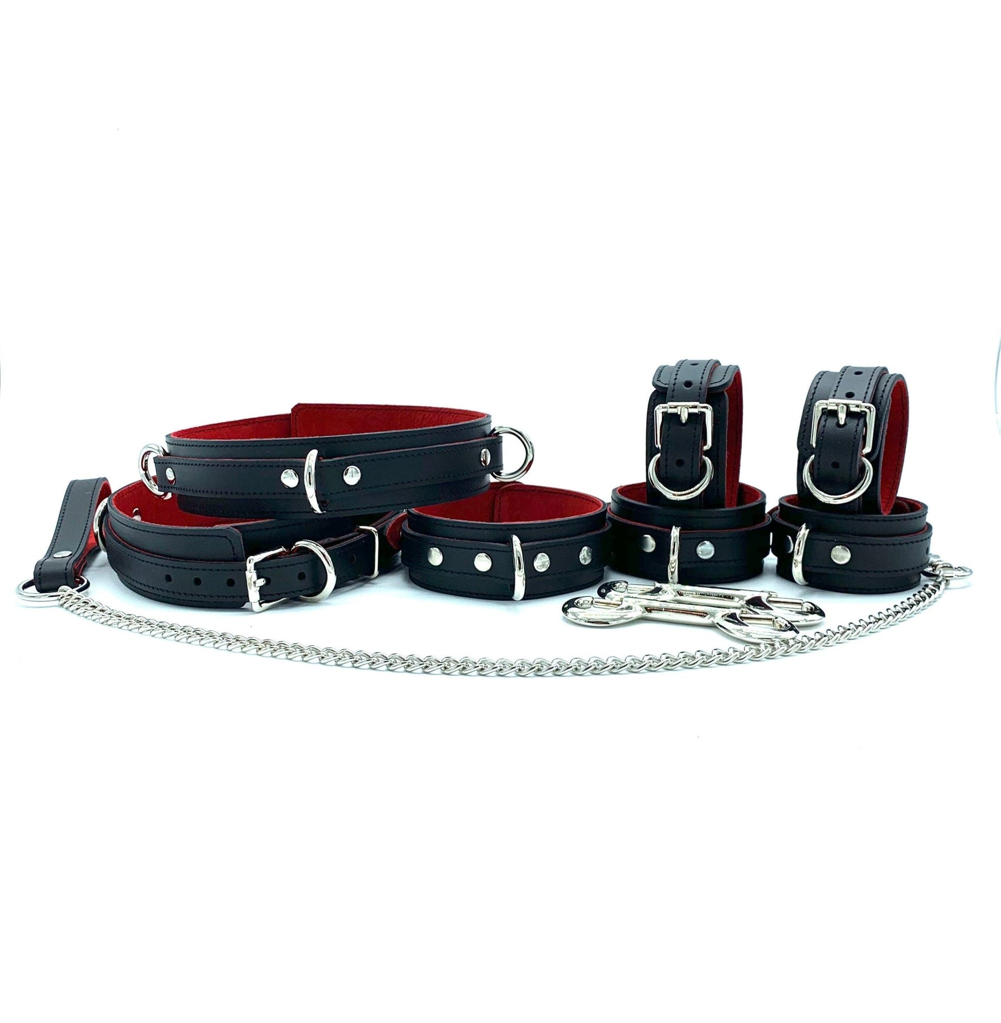 BDSM Collar and Leash, SCARLET, Leather Choker 1.5", Chain Leash, Collar for Submissive, Red Lining - Lulexy