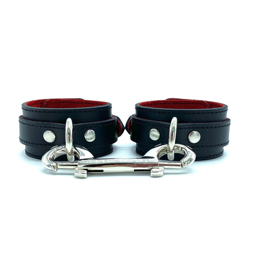 BDSM Handcuffs, SCARLET, Black Leather Cuffs, Wrist Cuffs for Bondage Submissive, Red Suede Lining, Premium Restraint Bracelet, Ankle Cuffs - Lulexy