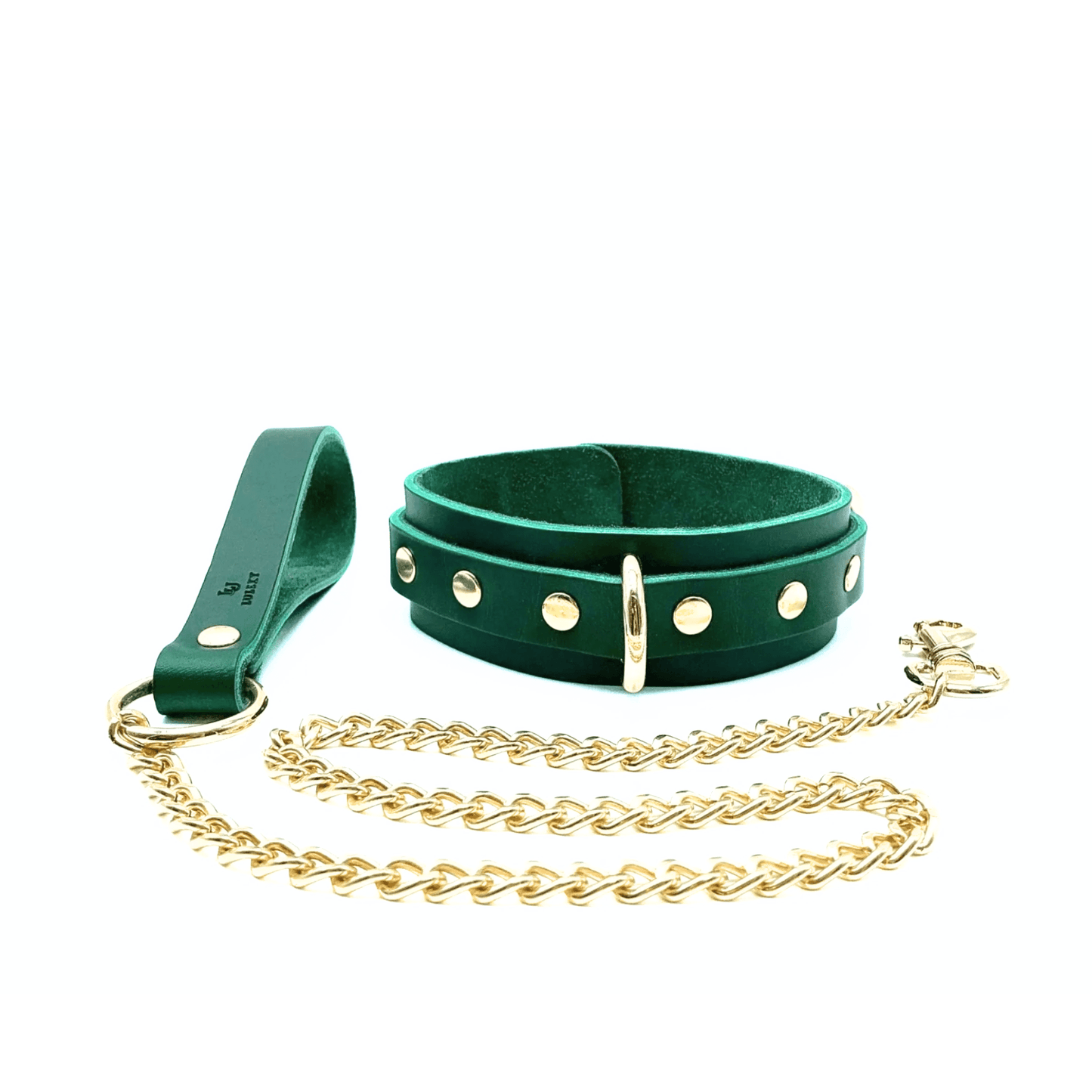 Green Italian leather collar and gold chain leash set with 1.5 inch collar, center D-ring and three rivets each side