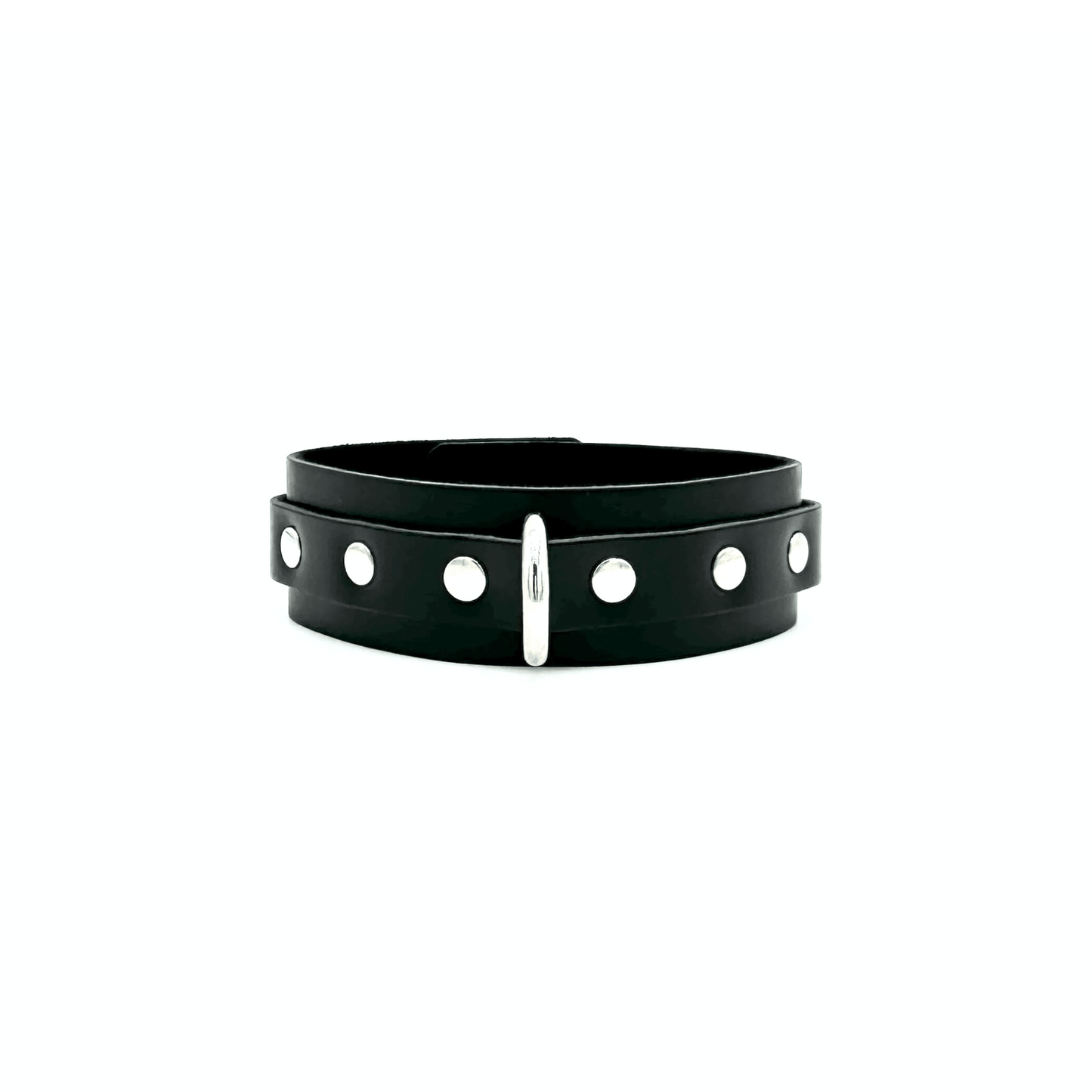 Black Italian leather collar with shiny silver D ring and 3 silver rivets on each side of the ring. 
