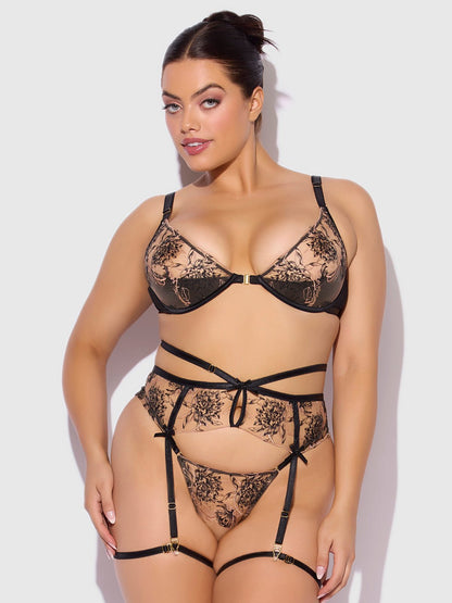 DELILAH EMBROIDERED PUSH UP BRA, GARTER & THONG SET - Lulexy