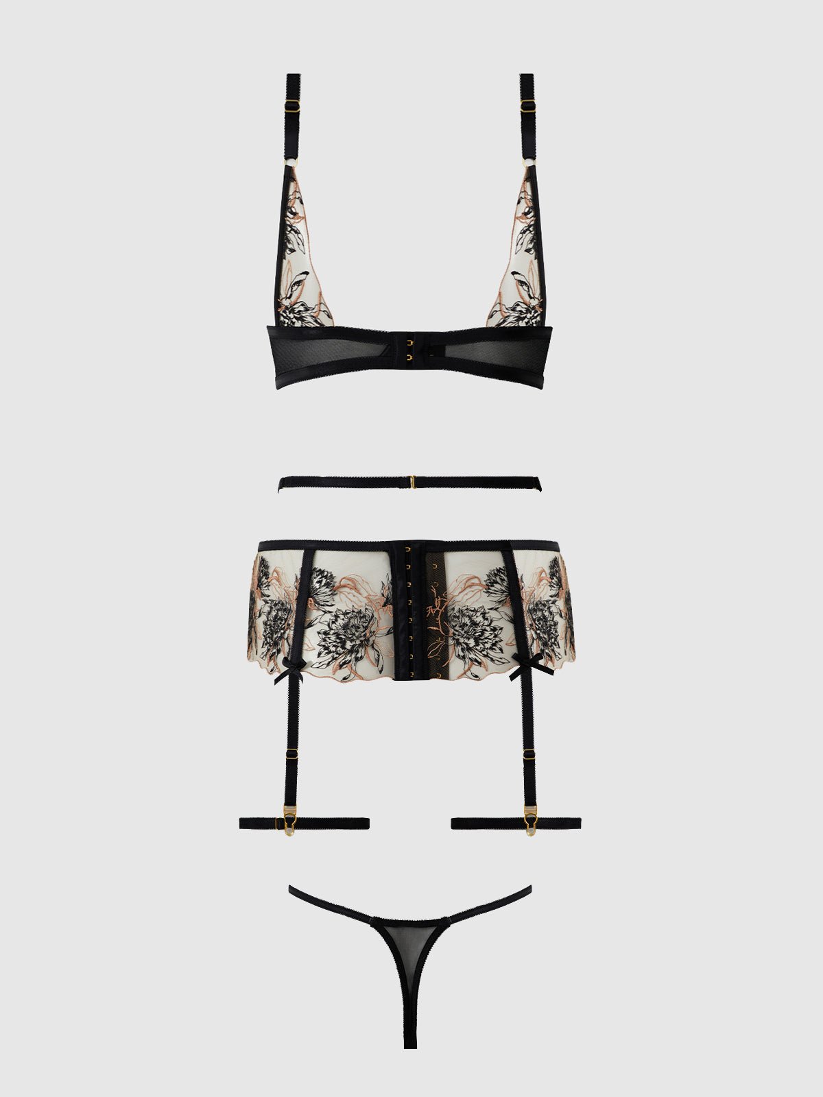 DELILAH EMBROIDERED PUSH UP BRA, GARTER & THONG SET - Lulexy