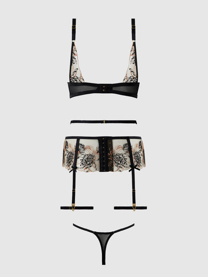 DELILAH EMBROIDERED PUSH UP BRA, GARTER & THONG SET - Lulexy