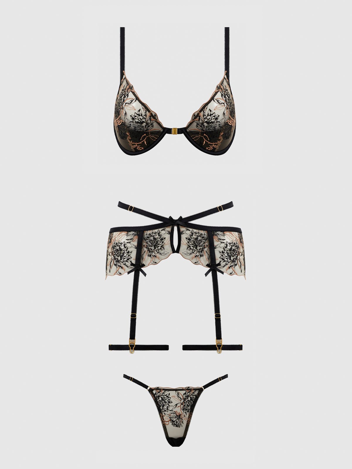 DELILAH EMBROIDERED PUSH UP BRA, GARTER & THONG SET - Lulexy