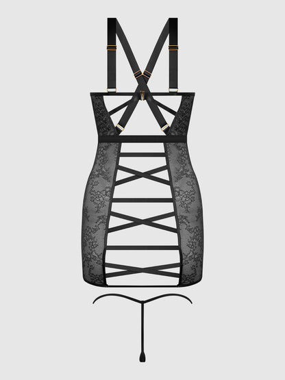 KIKI LACE STRAPPY & BACKLESS CHEMISE & G-STRING SET - Lulexy