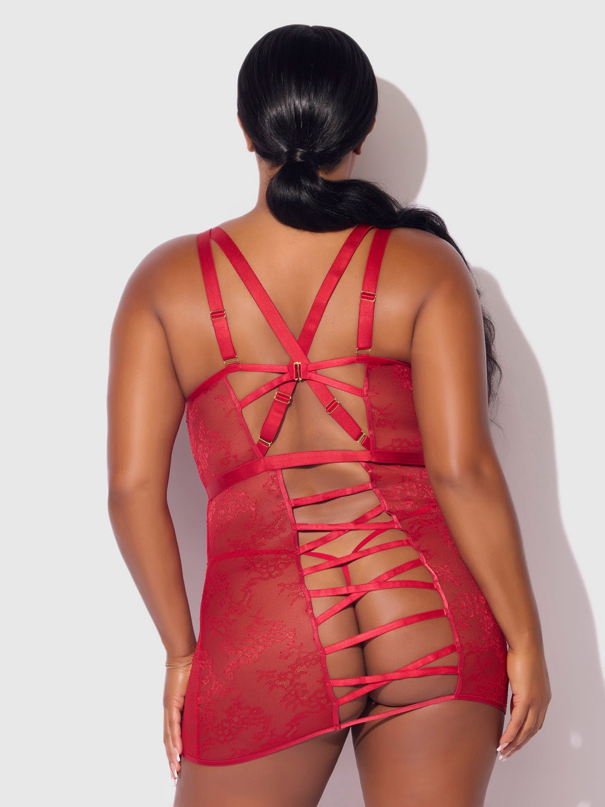 KIKI LACE STRAPPY & BACKLESS CHEMISE & G-STRING SET - Lulexy