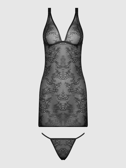 KIKI LACE STRAPPY & BACKLESS CHEMISE & G-STRING SET - Lulexy