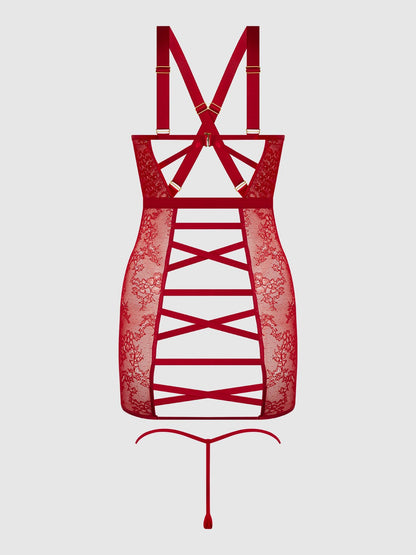 KIKI LACE STRAPPY & BACKLESS CHEMISE & G-STRING SET - Lulexy
