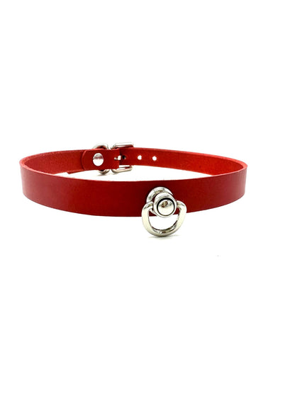 Red Buttero Italian leather choker with gold hardware and center D-ring, sleek minimalist collar