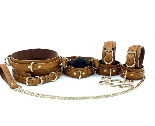 LIMITED Edition 8 pc Bondage Kit, Brown Leather BDSM Restraints Set, Ball-Gag, Cuffs for Submissive, Collar and Chain Leash, Mature Sex Gift - Lulexy