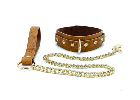 LIMITED Edition Leather Collar and Leash for BDSM Submissive, Brown Leather Choker, Bondage Collar, Chain Leash, - Lulexy