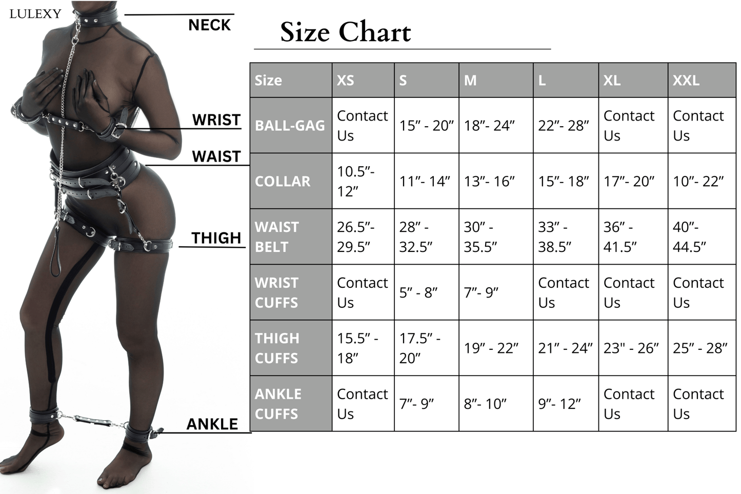 Luxury BDSM Size Chart – Lulexy Bondage Gear Sizing Guide for Collars, Cuffs, and Belts