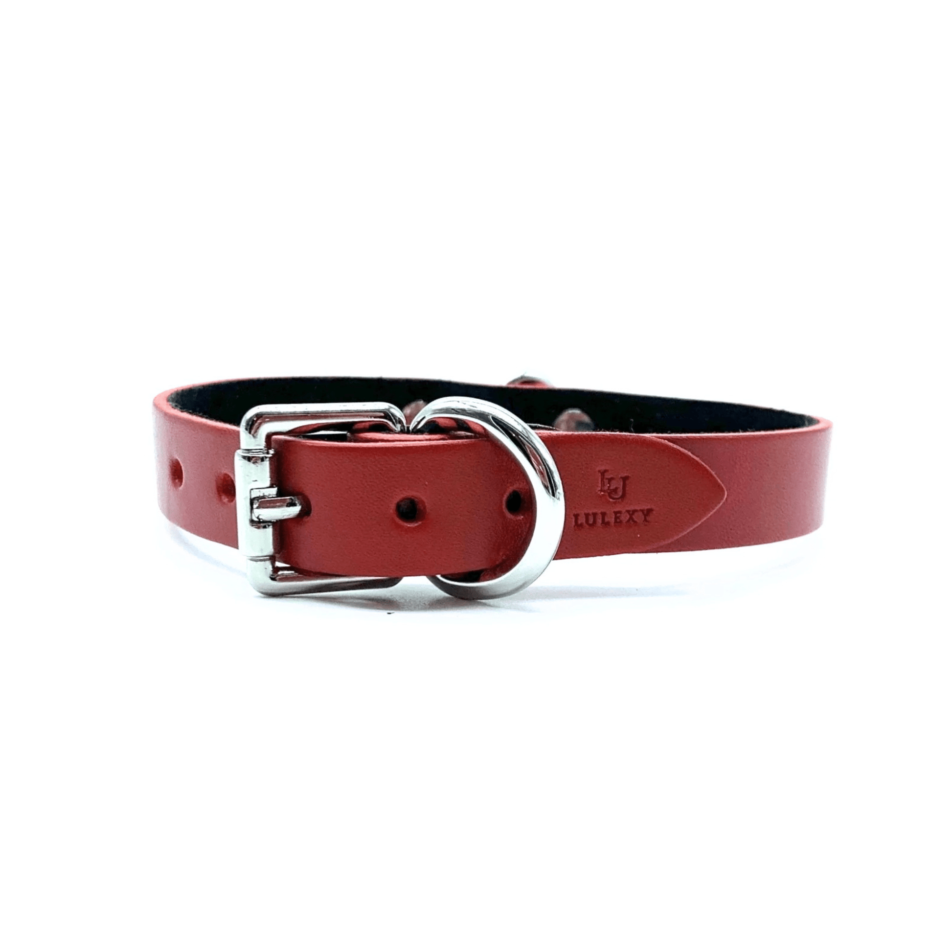 Red Italian leather choker with silver hardware, minimalist adjustable collar with clean finish