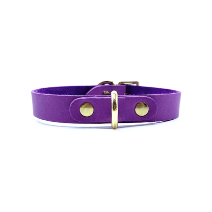 Purple Buttero Italian leather choker with gold hardware, adjustable collar with structured design