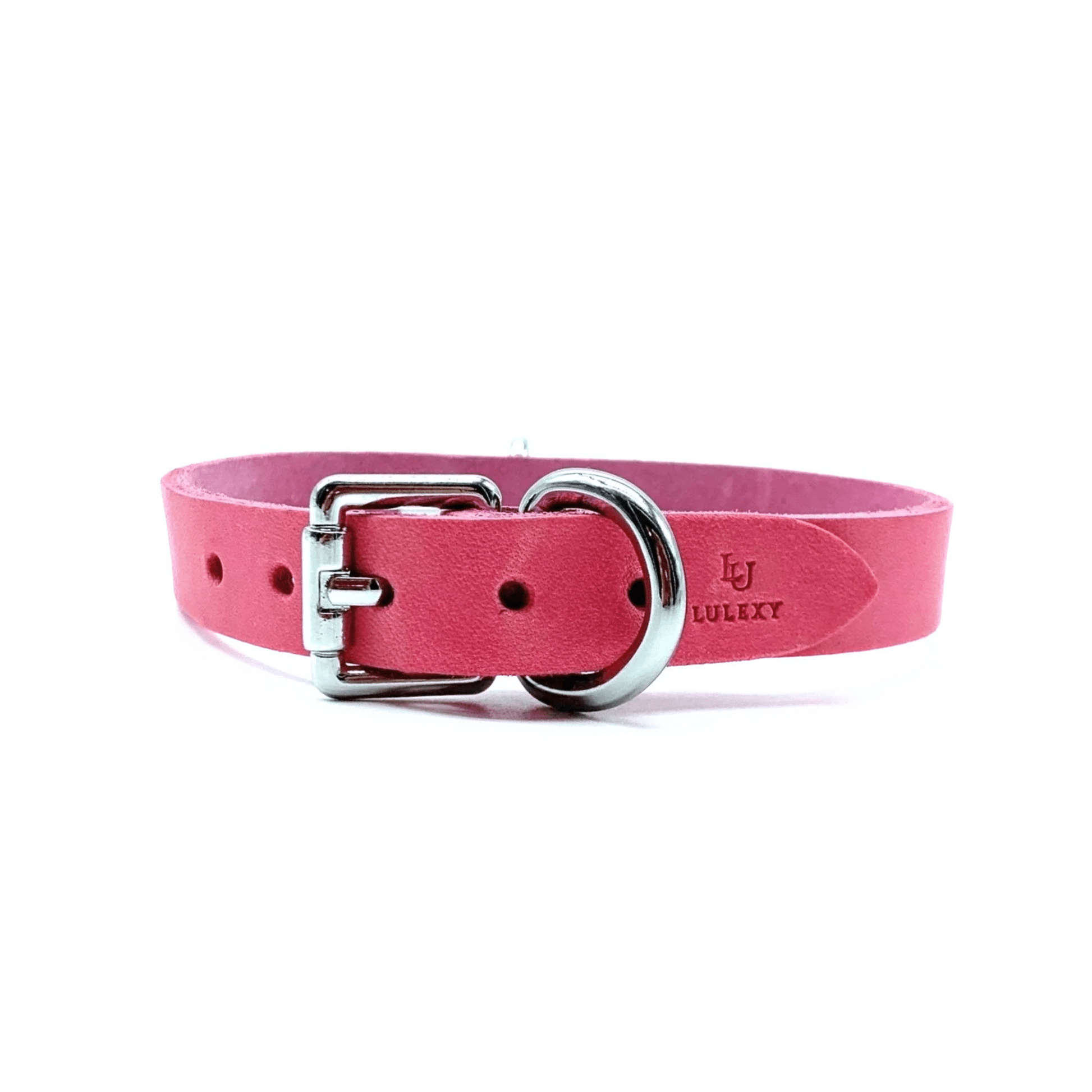 Pink Italian leather choker with silver hardware, minimalist adjustable collar design