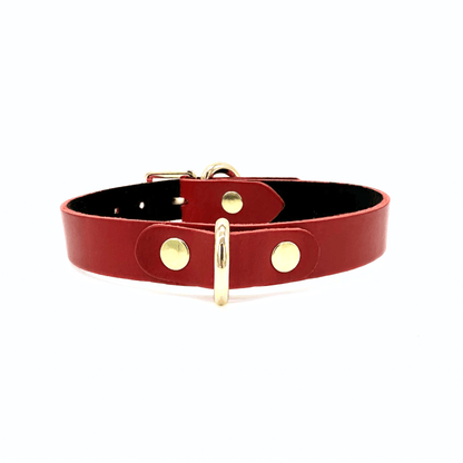 Red Buttero Italian leather choker with gold hardware, minimalist adjustable collar handcrafted in USA