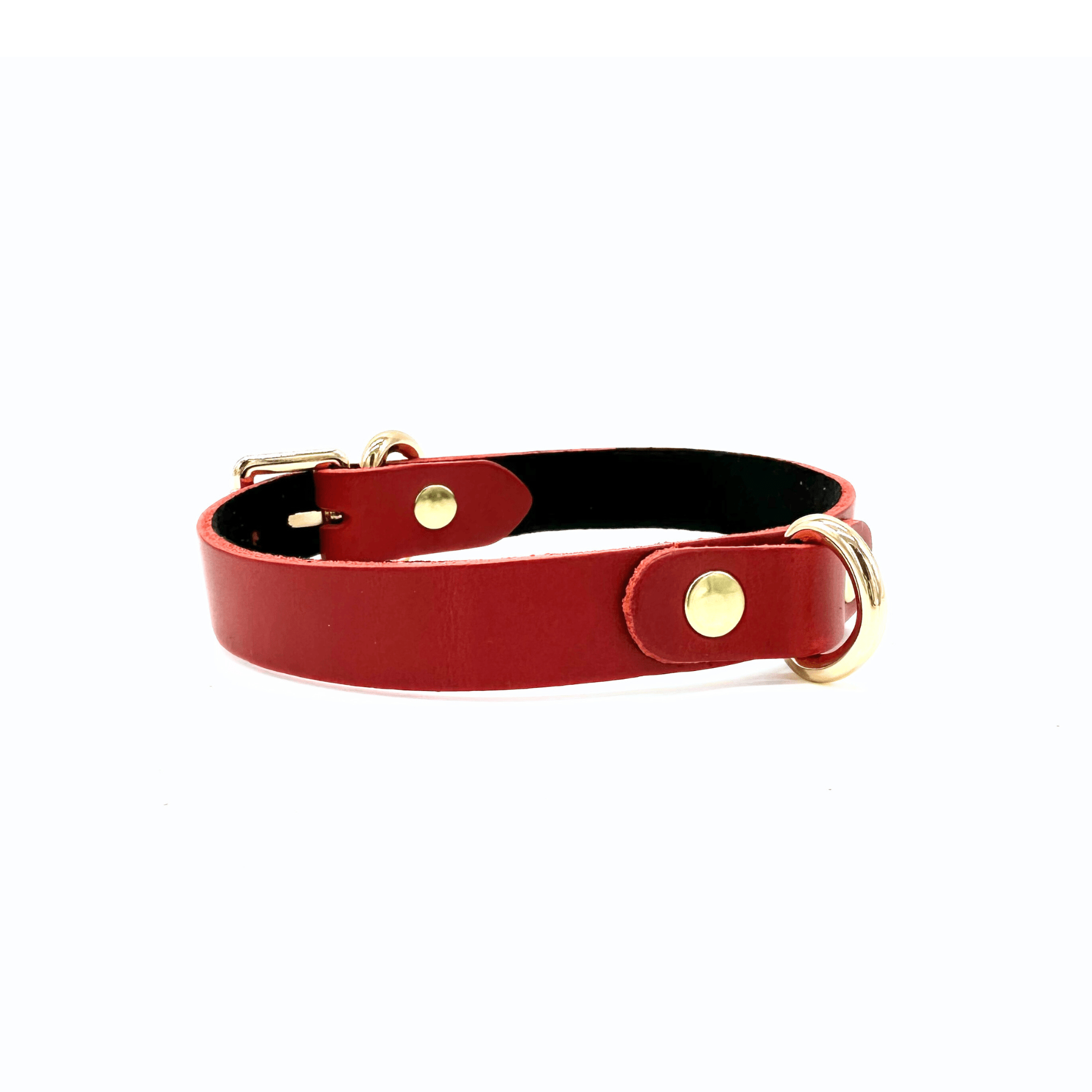Red Buttero Italian leather choker side view with gold hardware, adjustable strap and clean finish
