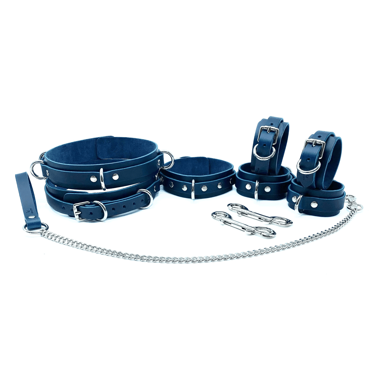 Blue Italian leather 7 piece bondage set Mona with collar, chain leash, wrist cuffs, ankle cuffs, thigh cuffs and connectors