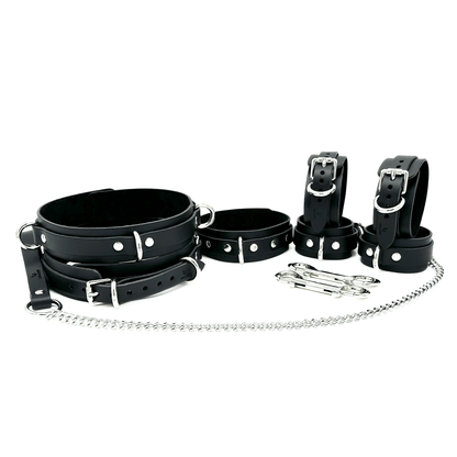 Black Italian leather 7 piece bondage set Mona with collar, chain leash, wrist cuffs, ankle cuffs, thigh cuffs and connectors
