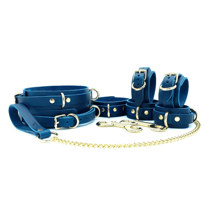 Royal blue Italian leather 7 piece bondage set Mona with gold hardware, collar, leash, cuffs and connectors
