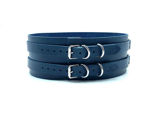 Blue Italian leather double belt with silver hardware, adjustable straps with buckle closures handcrafted in USA