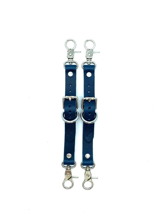 Blue Buttero Italian leather garter straps with silver hardware, adjustable connectors with clips handcrafted in USA