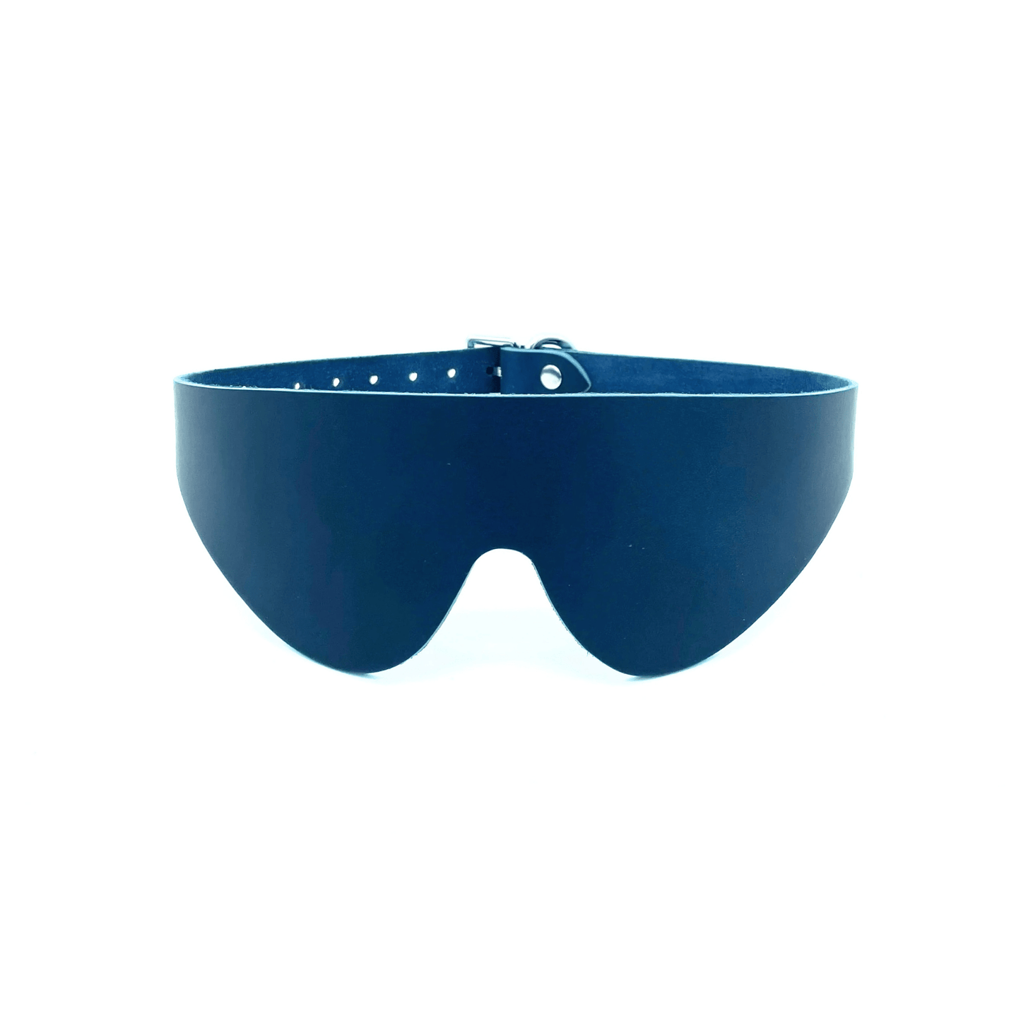 Blue Italian leather blindfold with curved shape and smooth finish, handcrafted in USA