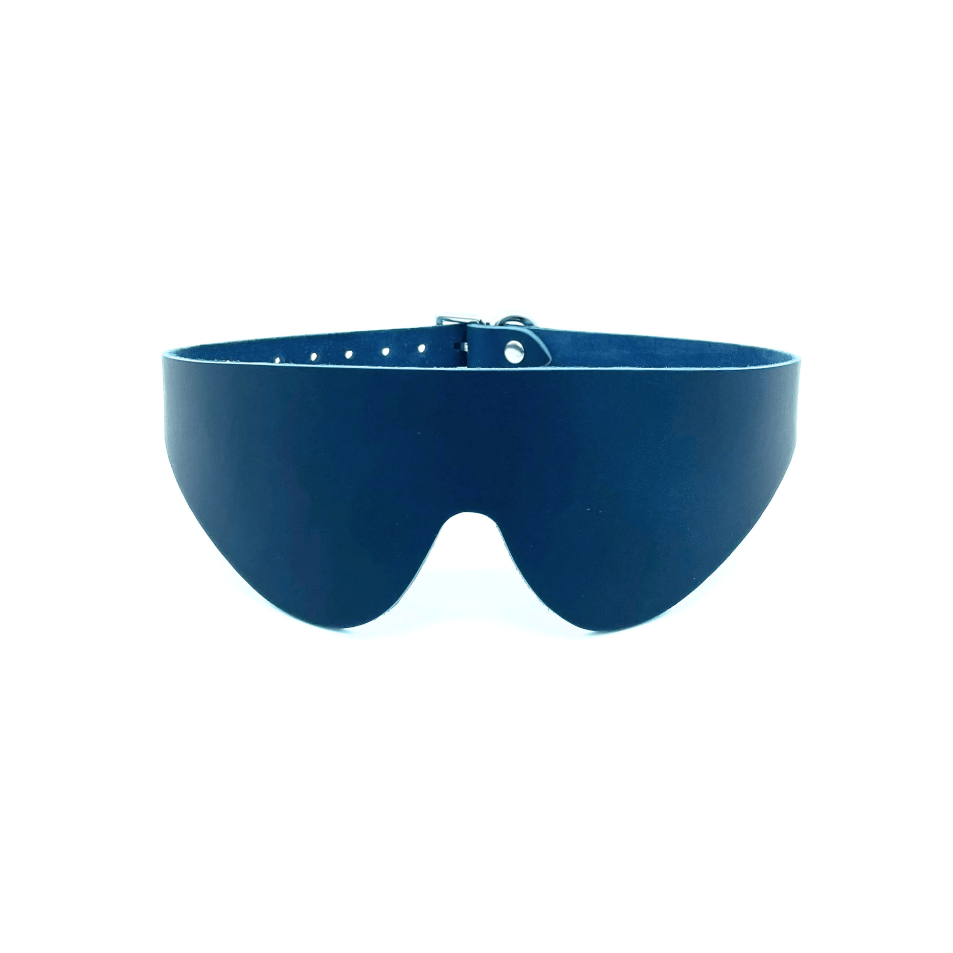 Blue Italian leather blindfold with curved shape and smooth finish, handcrafted in USA