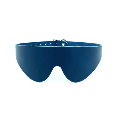 Blue Italian leather blindfold with curved design and clean finish, minimalist sensory accessory