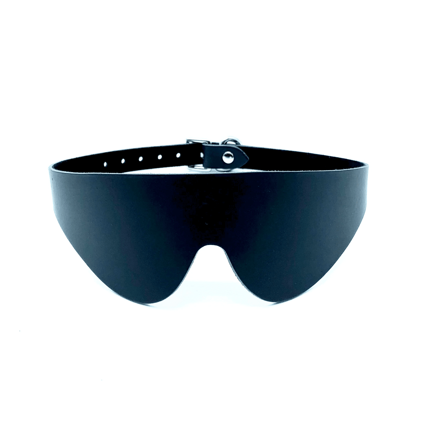 Black Italian leather blindfold with curved design and smooth finish, handcrafted in USA