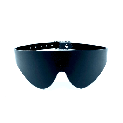 Black Italian leather blindfold with curved design and smooth finish, handcrafted in USA