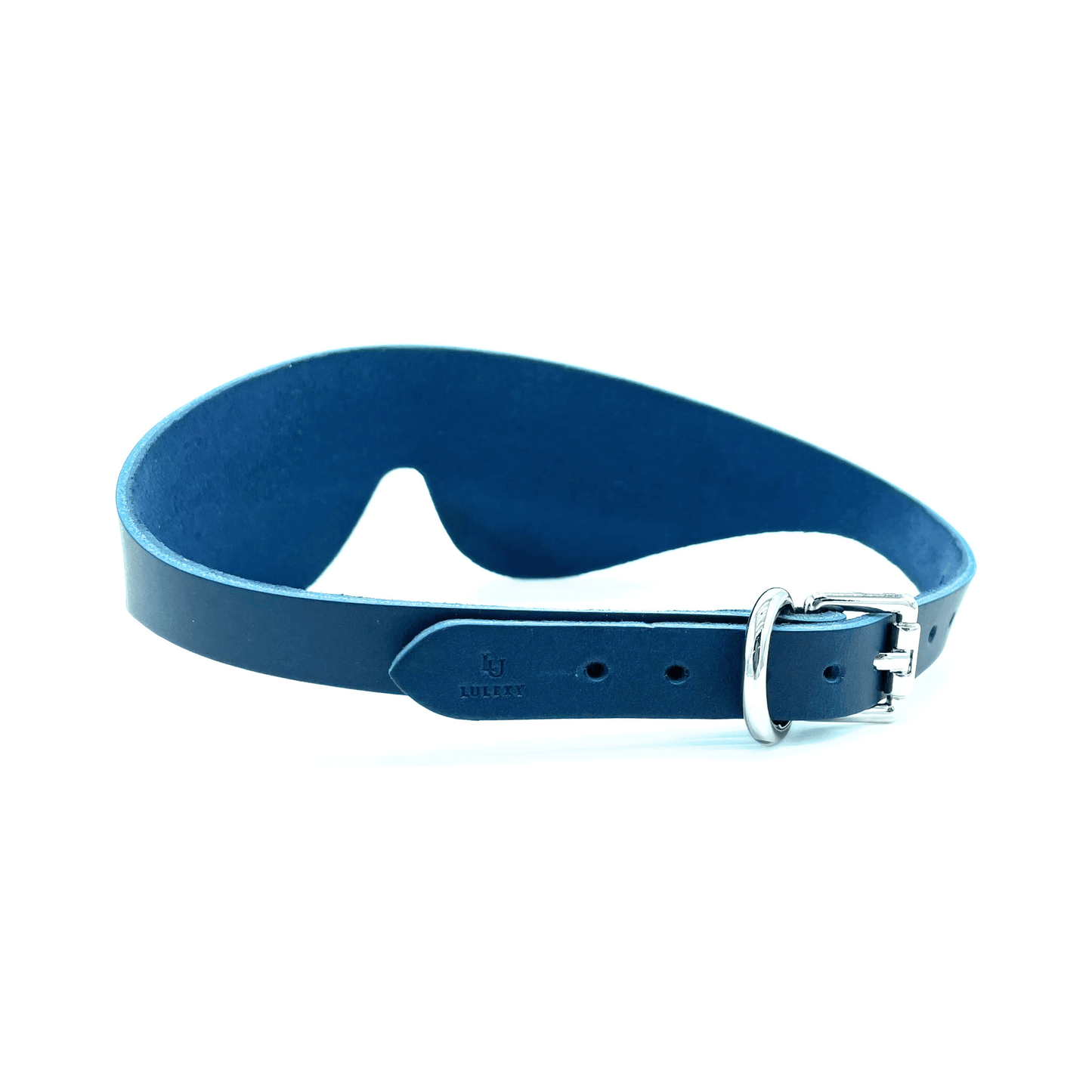 Blue leather blindfold with adjustable strap and silver buckle, Italian leather design