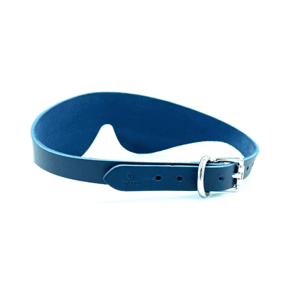 Blue leather blindfold with adjustable strap and silver buckle, Italian leather design