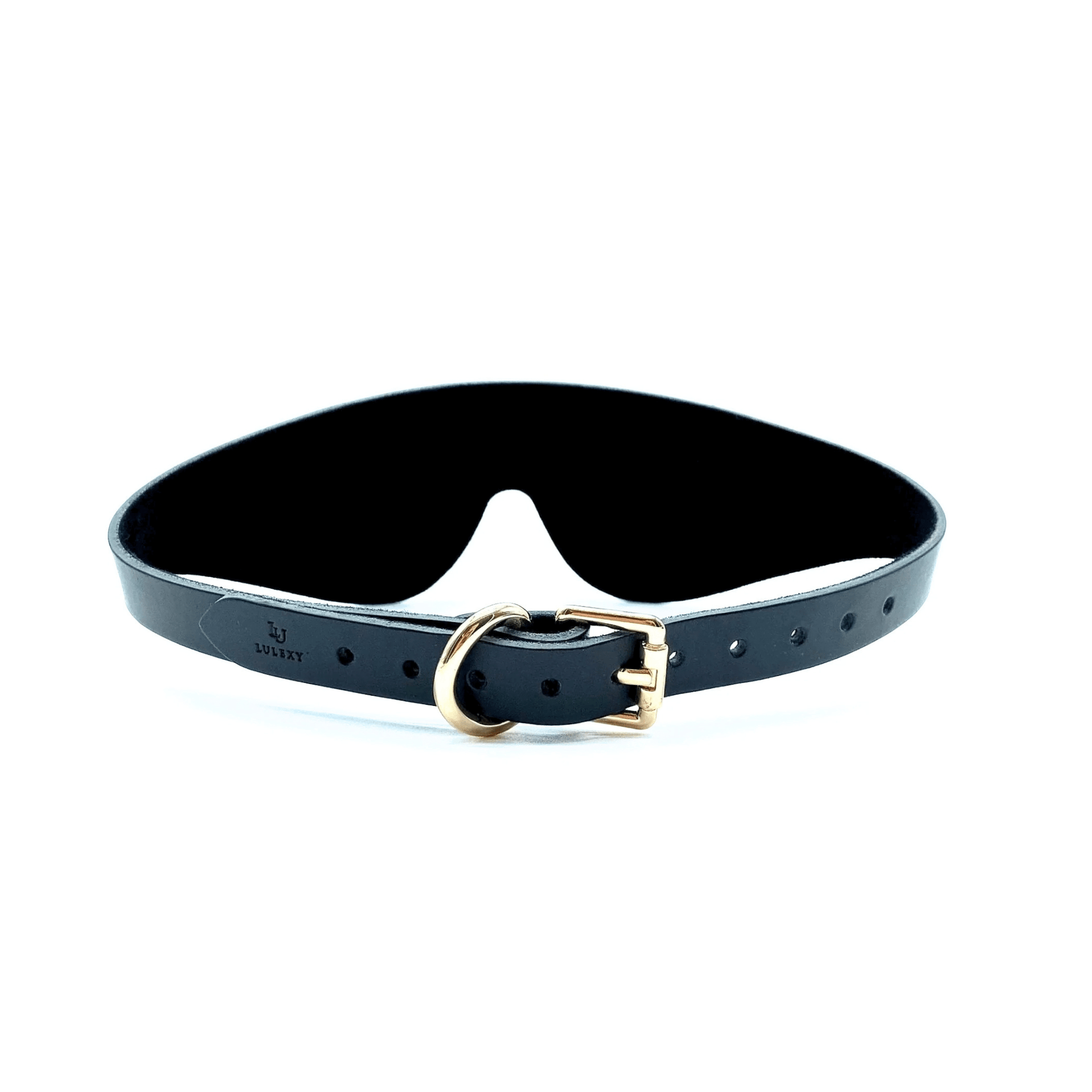 Black Italian leather blindfold with strap and silver hardware, minimalist adjustable design