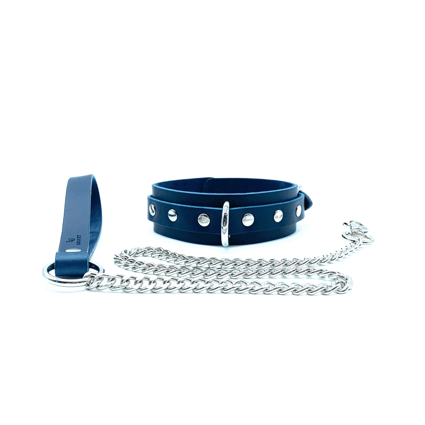 Blue Italian leather collar and silver chain leash set with center D-ring and rivets, handcrafted in USA