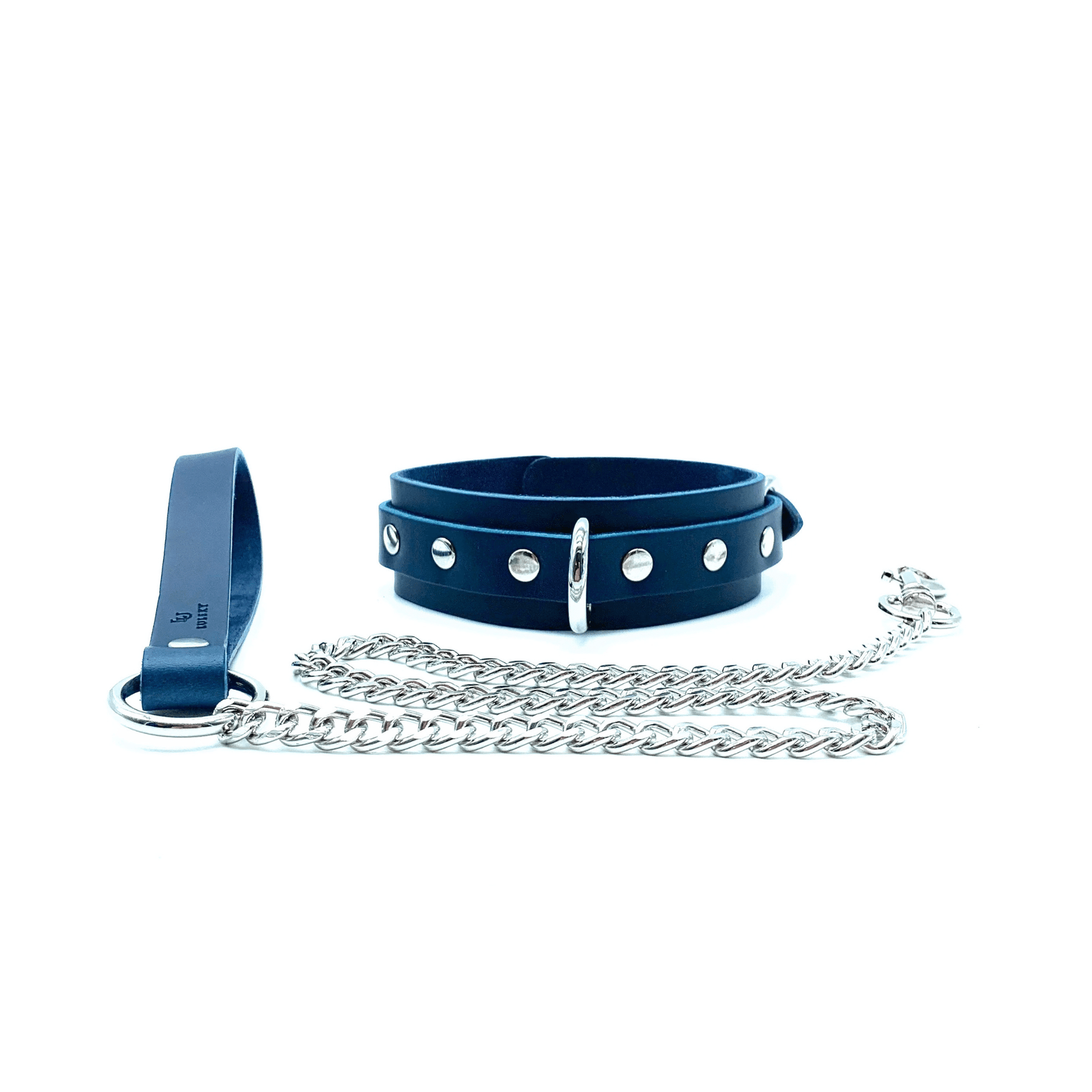 Blue Italian leather collar and silver chain leash set with center D-ring and rivets, handcrafted in USA
