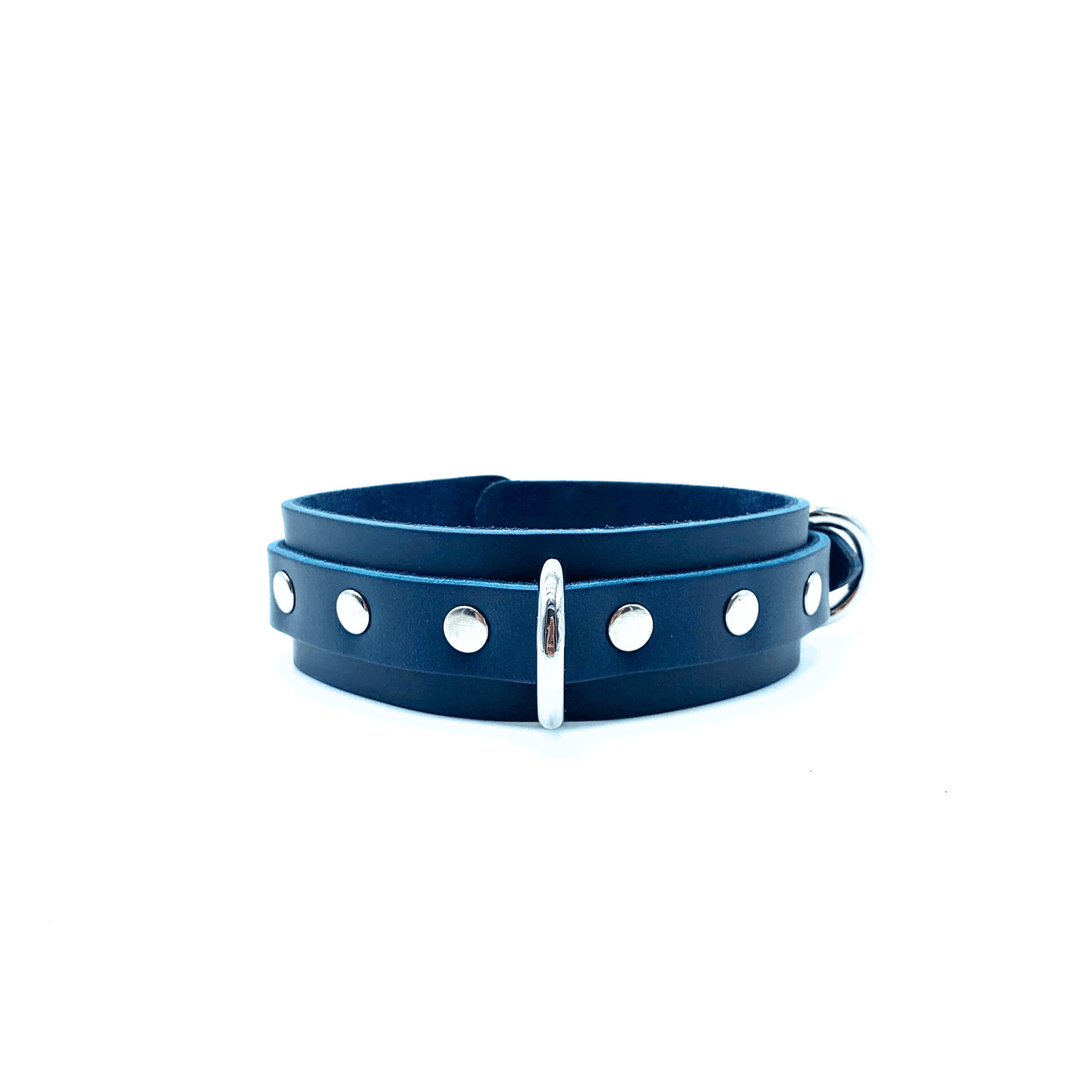 Blue Buttero Italian leather collar with silver hardware, center D-ring and rivet detail minimalist design