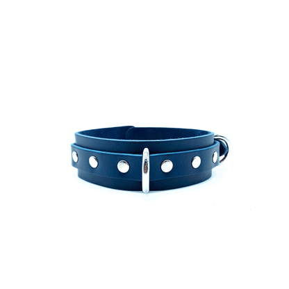 Blue Buttero Italian leather collar with silver hardware, center D-ring and rivet detail minimalist design