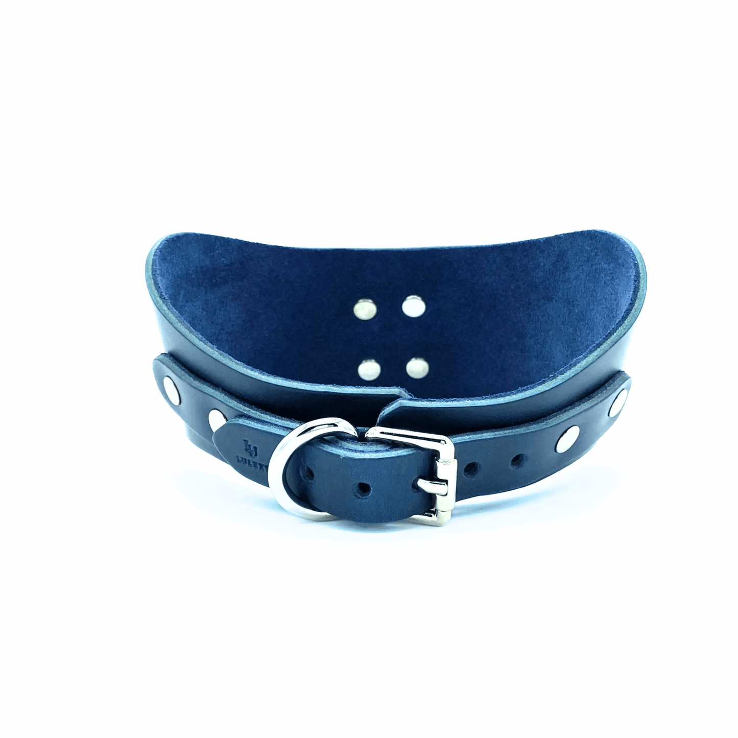 Back view of navy blue leather with silver buckle, multiple adjustment holes and lulexy logo.